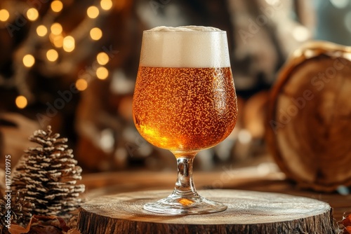 Sparkling golden beer served in a glass against a cozy background during the ...