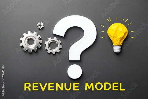 Image shows a white question mark, metal gears, and a yellow light bulb on a dark surface. Represents the concept of revenue model and innovation. Ai generative