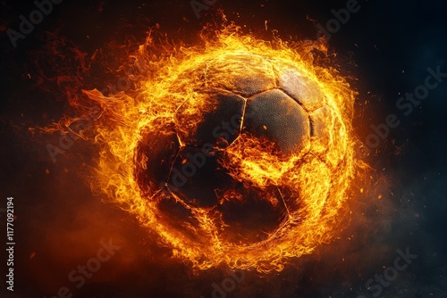 Dynamic flaming soccer ball in motion against a dark backdrop showcasing inte...