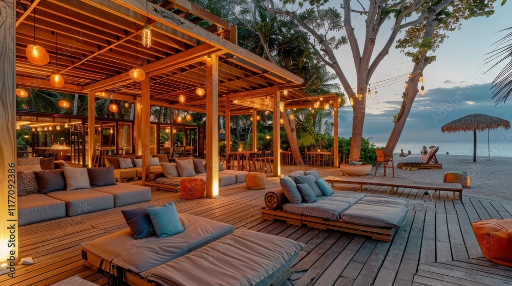Fototapeta premium Outdoor Beach Bar Lounge with Wooden Deck, Seating, and String Lights