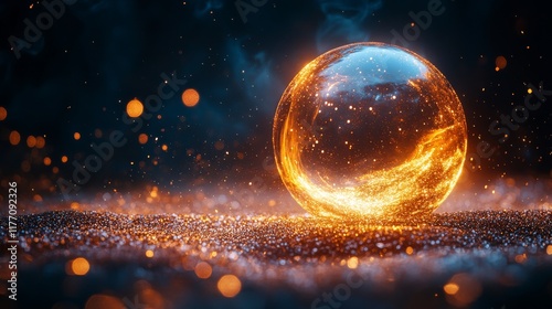 Glowing orb surrounded by fiery particles and smoke at night