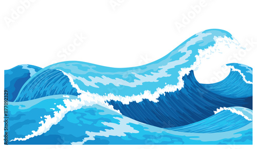 Ocean waves with foam on crest. Blue sea splash water, marine sea storm element, isolated on white background. Vector illustration