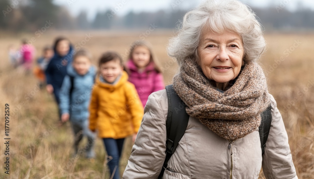 Golden Years, Joyful Hearts Senior Woman Smiles as Children Explore Nature on a Crisp Autumn Day Golden Years, Joyful Hearts Senior Woman Smiles as Children Explore Nature on a Crisp Autumn Day