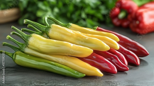 Colorful assortment of fresh chili peppers on a kitchen countertop