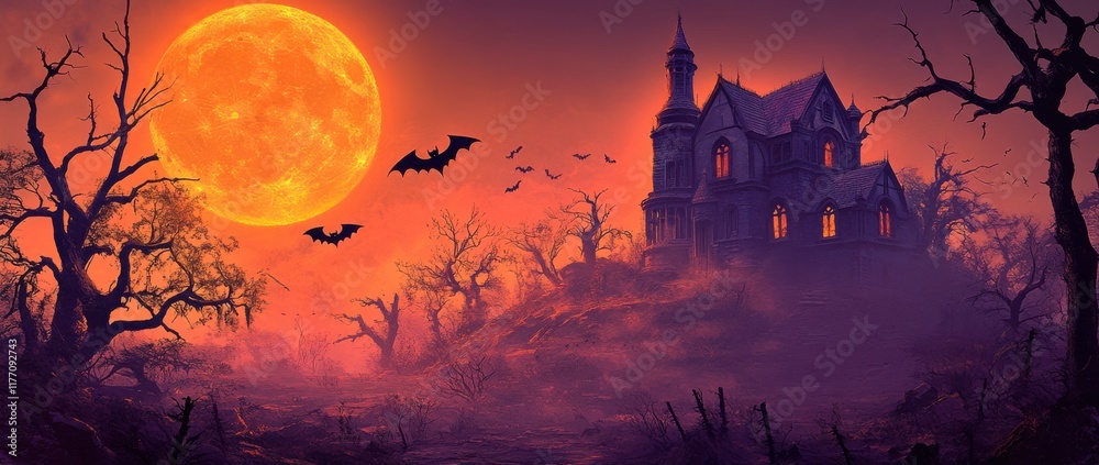 Eerie twilight envelops a haunted mansion under a glowing orange moon with bats in flight Eerie twilight envelops a haunted mansion under a glowing orange moon with bats in flight