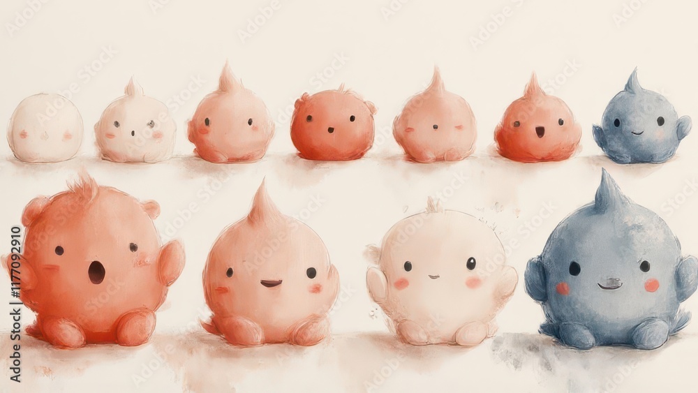 Cute blob characters evolution, digital art. Cute blob characters evolution, digital art.