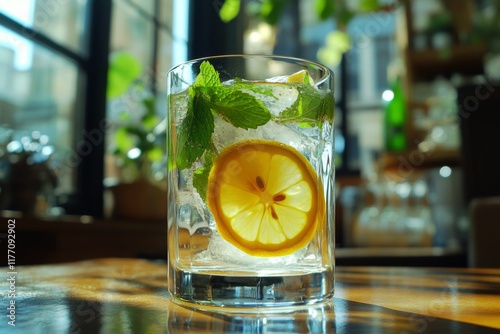Refreshing citrus drink with mint leaves and lemon slices in a glass