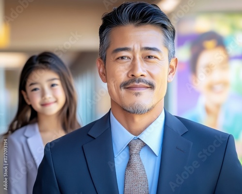 This image features a man in a dark suit and light tie and a younger individual in a light blazer, neither of whom are part of a Father's Day Banner The scene has some indistinct background details photo