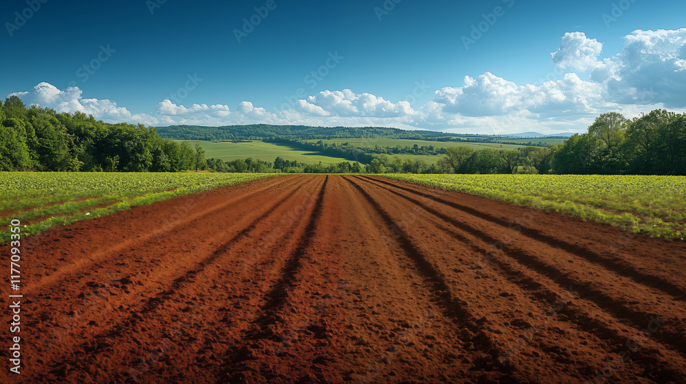 Plowed farmland stretching toward green hills under blue sky, agricultural landscape
