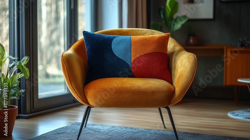 Cozy armchair with colorful cushion in a bright, modern living space during d...