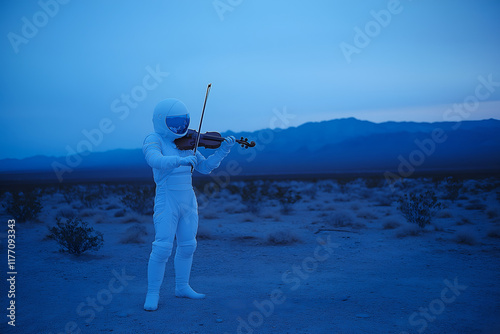 An astronaut playing a violin, blending science and art. photo