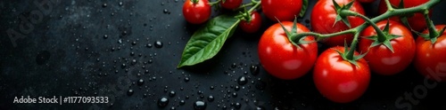Red tomatoes on black background with tiny water droplets, food, still life