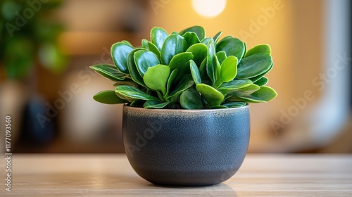 Attractive succulent plant in a modern black pot positioned on a bright woode...