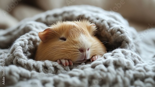 Guinea pig resting peacefully in a cozy blanket on a soft surface during the day