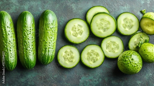 Fresh cucumbers on a plate with one sliced, showcasing vibrant green colors a...