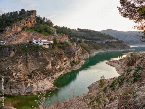 Iznájar Reservoir. The largest reservoir in Andalusia. Green water. Effects of drought.