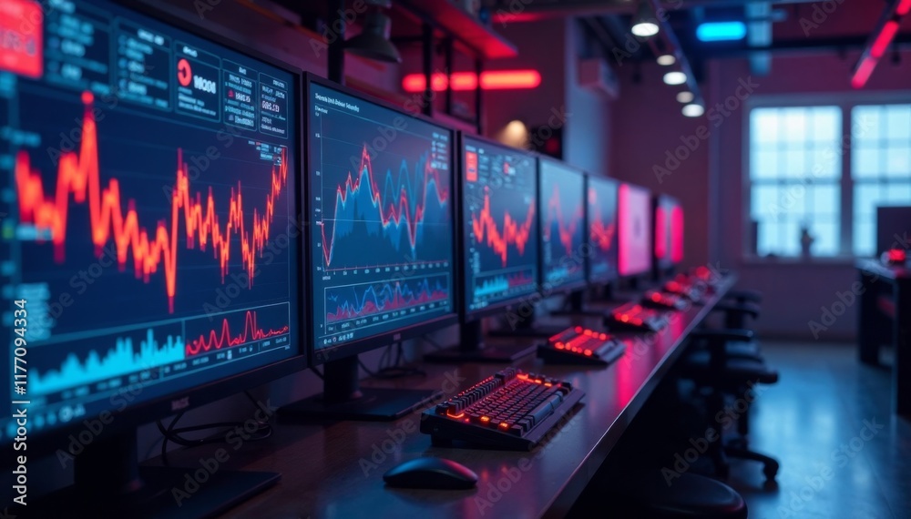 Rows of high-performance desktops lined with screens displaying complex data visualizations , neural networks, infographics Rows of high-performance desktops lined with screens displaying complex data visualizations , neural networks, infographics