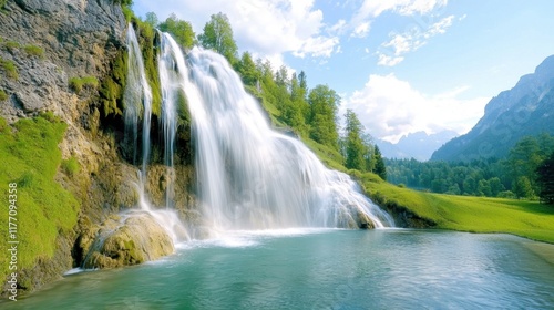 The Schleier waterfall cascades down a steep rock face at the Hintersee, creating a mesmerizing display of flowing water that glistens in the sunlight