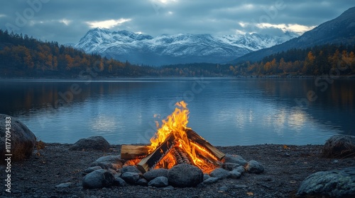 Campfire surrounded by mountains and trees on a cloudy evening in the wilderness