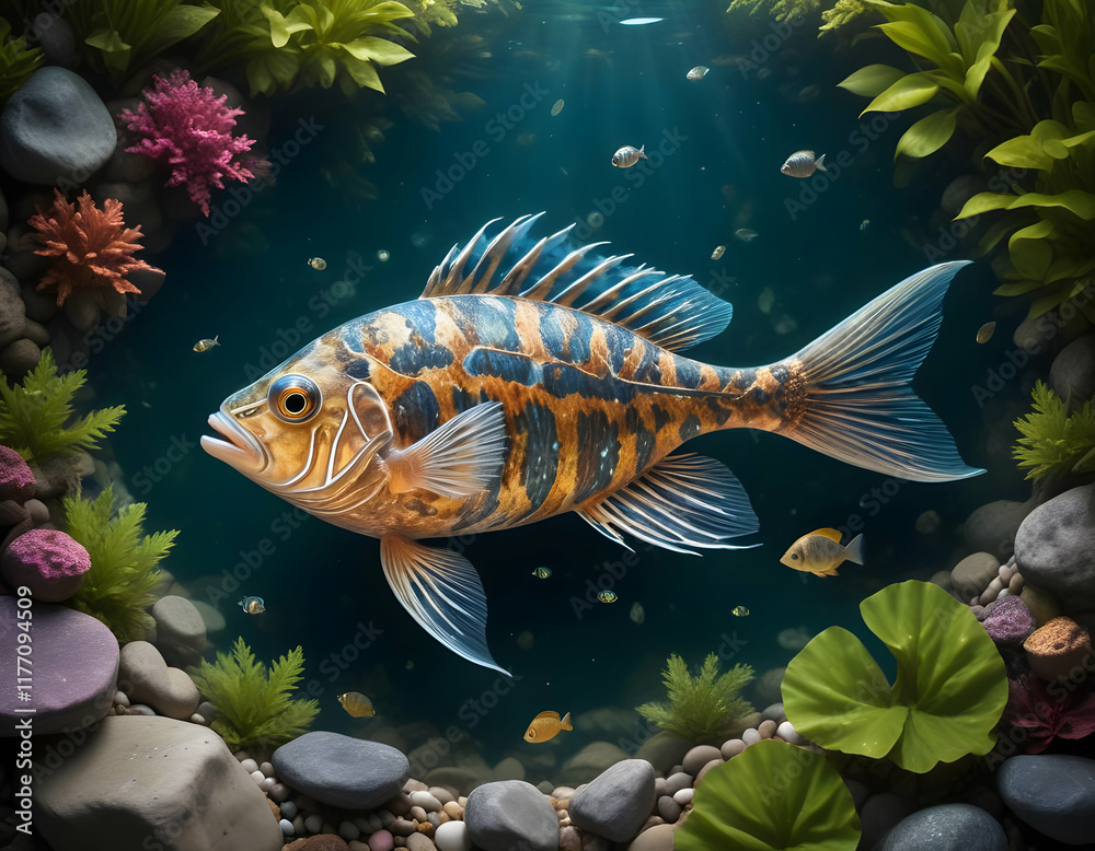 Fototapeta premium Vibrant fish swimming among coral and aquatic plants in a tranquil underwater habitat