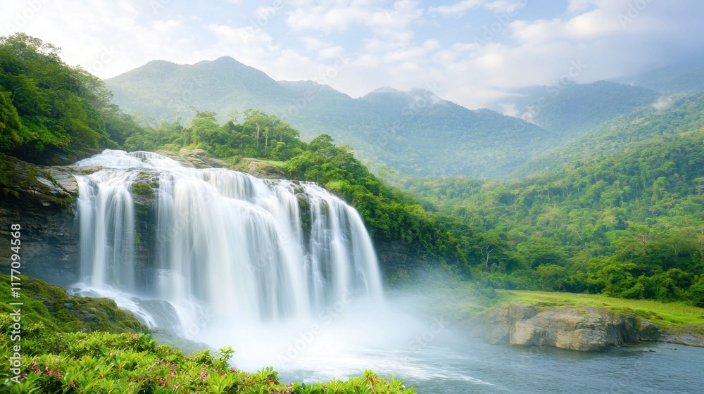 Fototapeta premium The majestic waterfall cascades down the rugged mountainside, surrounded by lush green foliage and vibrant flowers