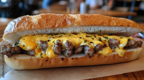 Delicious burger with fresh toppings served on a slate plate in a casual dini...