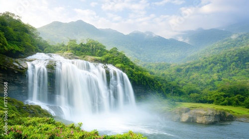 The majestic waterfall cascades down the rugged mountainside, surrounded by lush green foliage and vibrant flowers