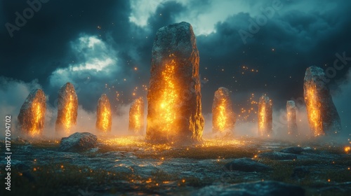 Ancient stone circle illuminated by mysterious flames at twilight in an other...