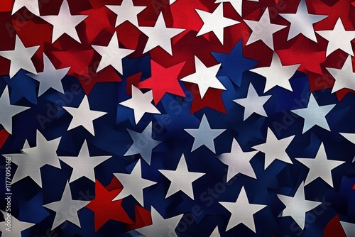 Abstract pattern of stars and stripes inspired by the American flag in vibrant colors and unique design elements. Generative AI