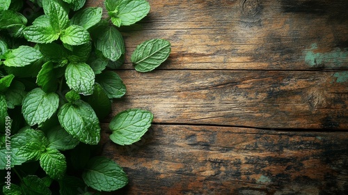Fresh mint leaves arranged on a rustic wooden surface with an aged turquoise ...