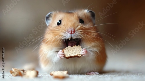Happy hamster enjoys a snack while sitting on a soft surface at home