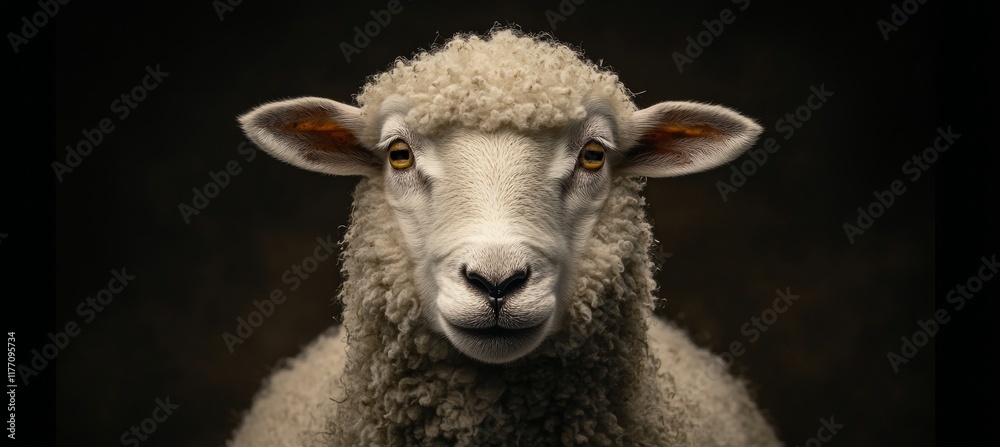 Obraz premium Portrait of a White Sheep Isolated on a Black Background, Studio Shot of a Wooly Farm Animal.