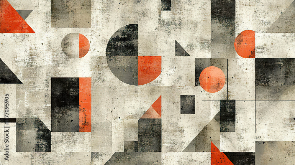 Fototapeta premium Abstract geometric design with circles, triangles, and rectangles in gray, black, and orange tones, featuring a vintage texture and modern style. Generated with AI.