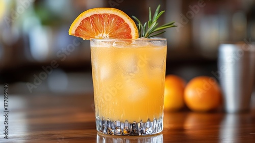 Refreshing orange cocktail served in a glass with ice at a trendy bar during ...