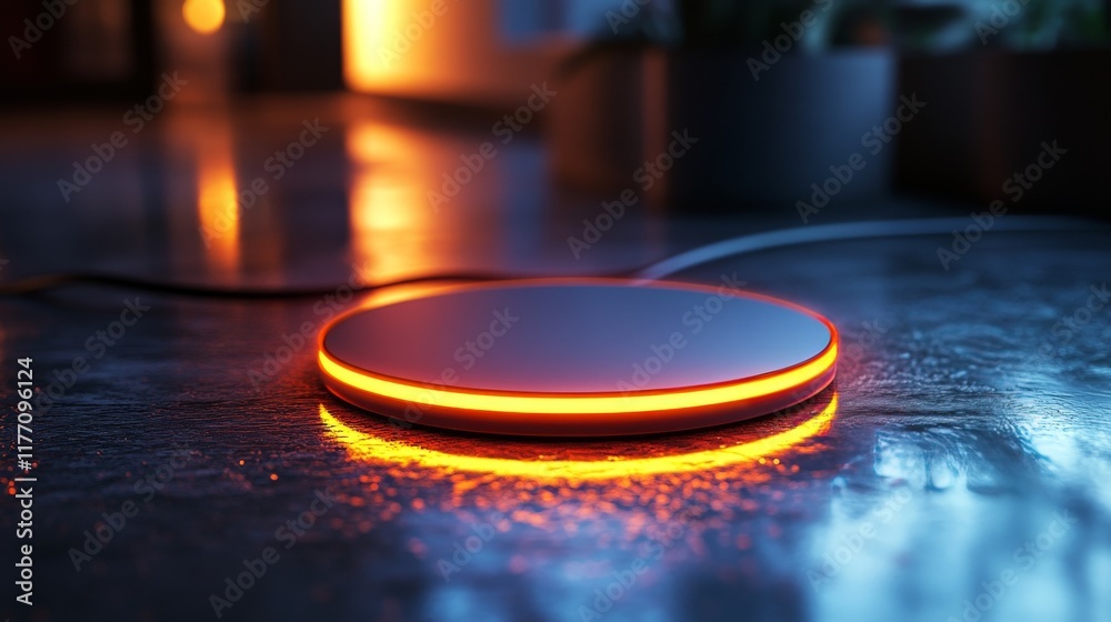 Obraz premium Innovative charging pad displaying warm ambient light in modern interior setting during evening hours