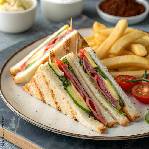 club sandwich with cheese cucumber tomato smoke