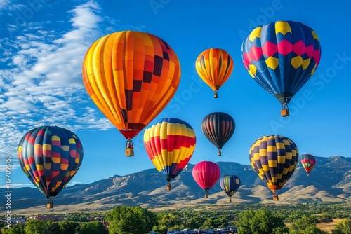Colorful hot air balloons soaring above lush green fields during a sunny day
