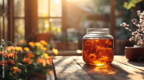 Refreshing lemonade in a jar with sunflowers during golden hour at a peaceful...