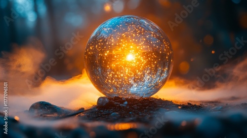 Stunning cosmic orb glowing in pink hues amidst swirling clouds in the night sky