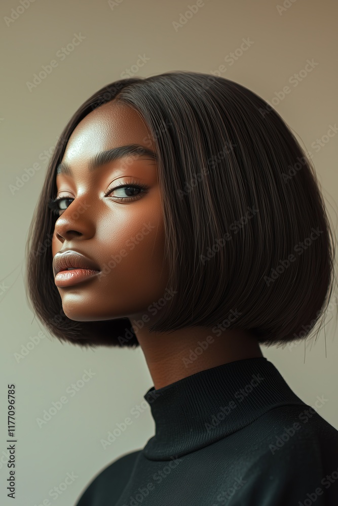 Naklejka premium Captivating portrait of a woman with a sleek bob hairstyle, showcasing elegance and grace in a minimalist setting