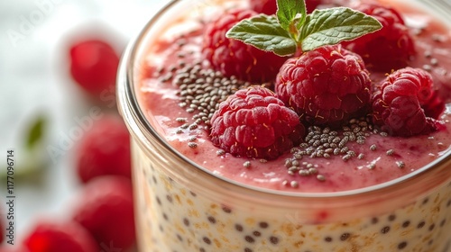 Delicious raspberry chia pudding parfait served in a glass jar on a wooden table