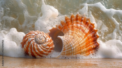 Waves gently wash over colorful seashells on a sunlit beach in a coastal para...
