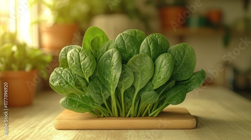 Freshly harvested spinach placed on a wooden cutting board indoors during bri...