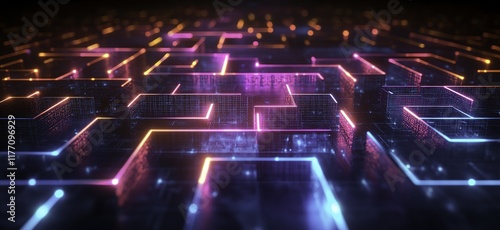A holographic display of an abstract maze with glowing squares and lines