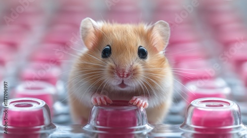 Cute hamster hopping along a path surrounded by autumn leaves in a tranquil o...