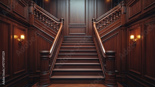 Grand wooden staircase in opulent mansion hallway with wall sconces