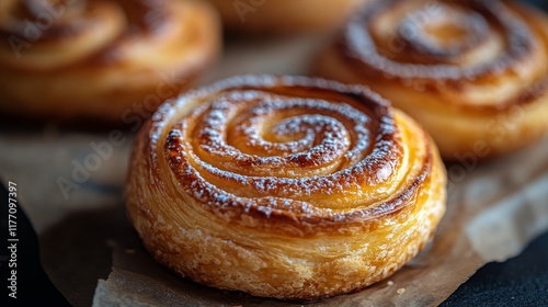 Freshly baked pastries on a wooden surface in a cozy bakery setting