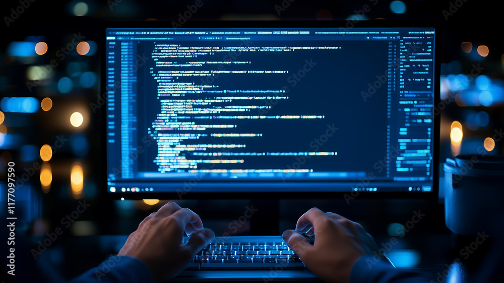 person coding on computer at night, illuminated by screen light, with coffee cup nearby. atmosphere is focused and tech oriented, showcasing programming lines person coding on computer at night, illuminated by screen light, with coffee cup nearby. atmosphere is focused and tech oriented, showcasing programming lines