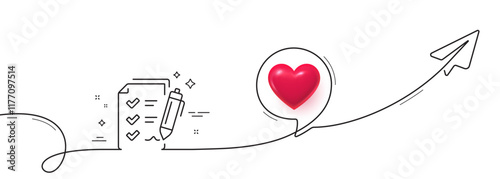 Survey Checklist line icon. Continuous line with share plane. Report sign. Business review symbol. 3d heart in speech bubble. Survey checklist single line ribbon. Loop curve pattern. Vector