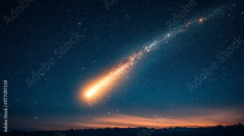 Bright blue comet streaks across a starry sky in a serene night landscape